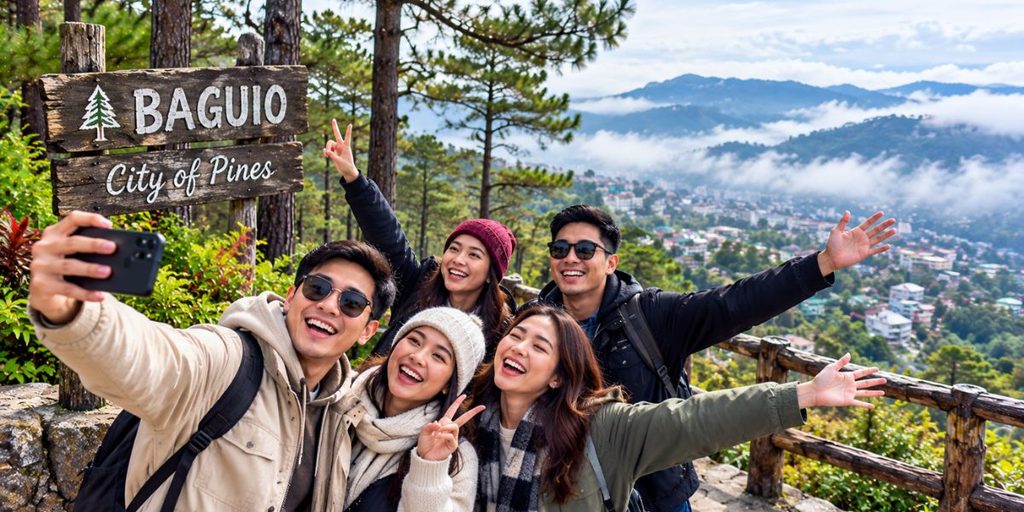 Friends enjoying a Baguio trip among pine trees in cool mountain weather.