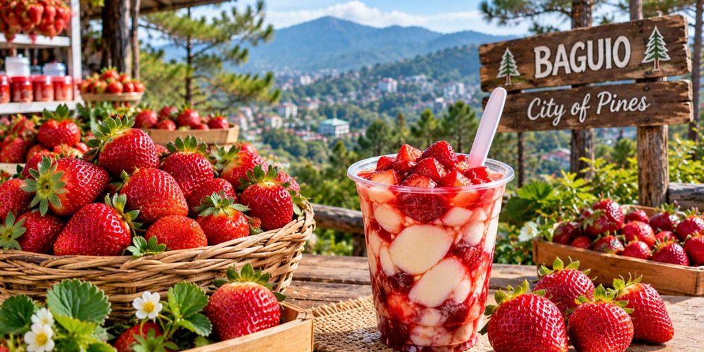 Fresh strawberries and strawberry taho representing a Baguio food trip.