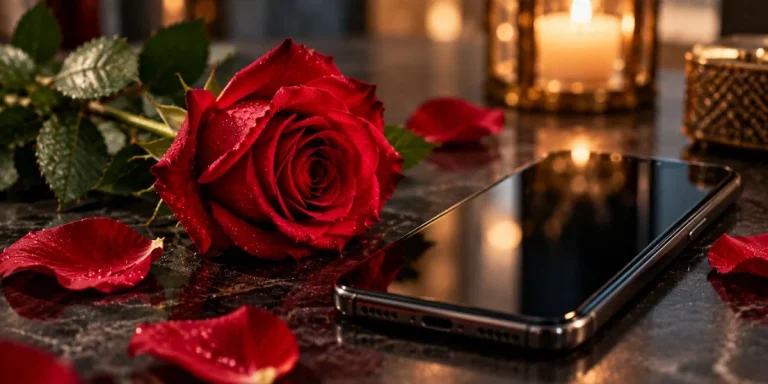 Smartphone beside a red rose representing relationship betrayal and cheating captions for Instagram.