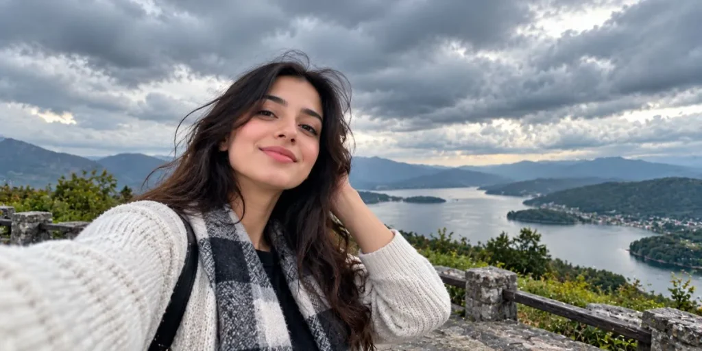 Woman taking a casual outdoor selfie beneath an overcast sky.