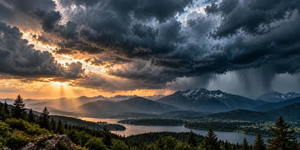 Dramatic dark storm clouds gathering above a distant mountain landscape.