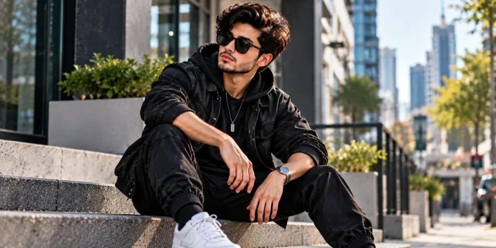 Young man wearing a black streetwear outfit in an urban setting.