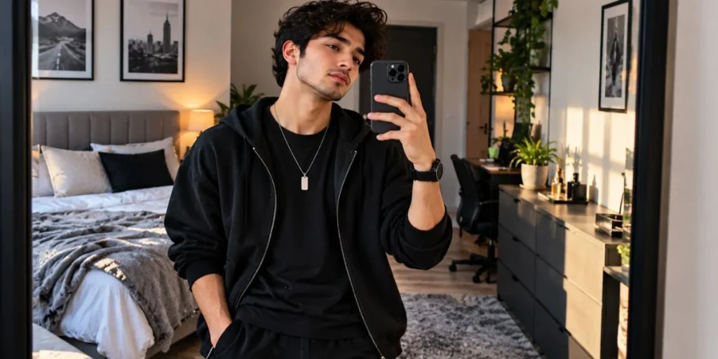Young man taking a mirror selfie in a modern bedroom.