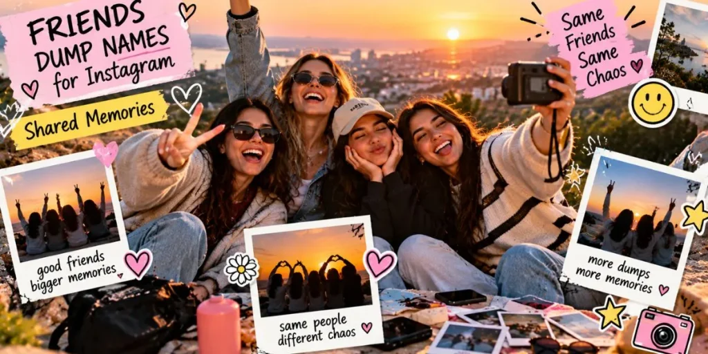 Friends taking candid photographs together, representing Instagram dump names for shared memories.