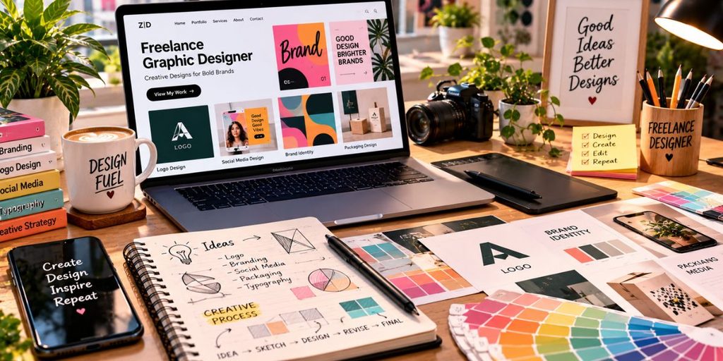 Freelance graphic designer workspace with a laptop, portfolio mockups, and creative design tools.
