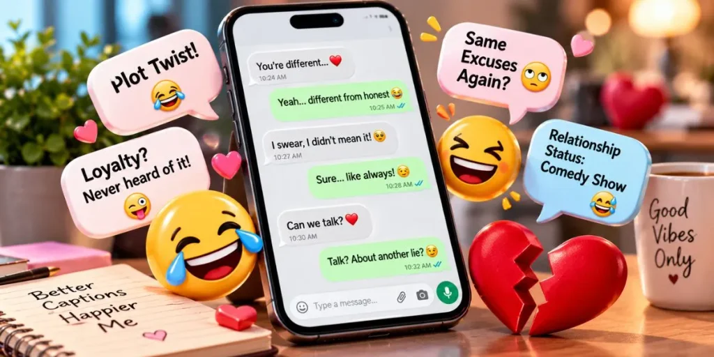 Playful smartphone illustration with humorous chat bubbles for funny relationship captions.