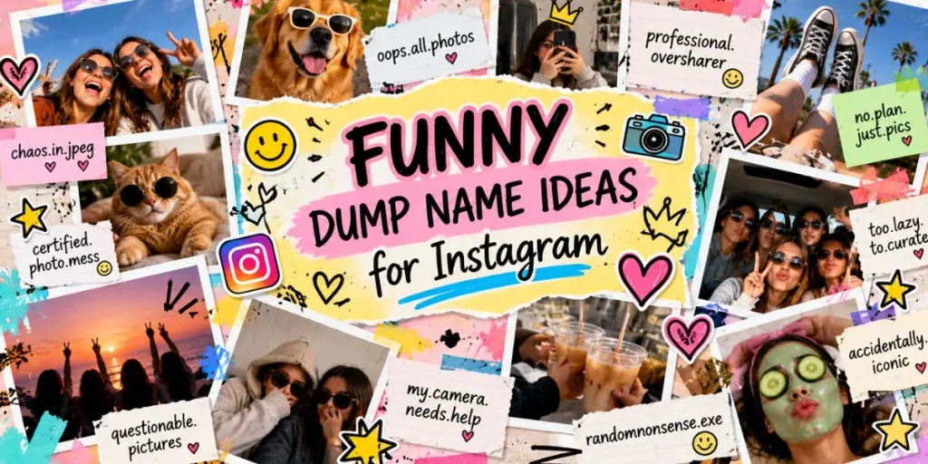 Playful photo collage with candid snapshots and colorful doodles representing funny Instagram dump names.