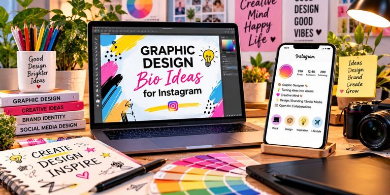 Graphic design bio ideas for Instagram with a creative workspace, typography, and colorful design elements.