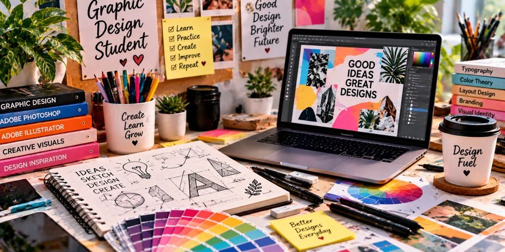 Graphic design student workspace with a laptop, sketchbook, pencils, and color swatches.