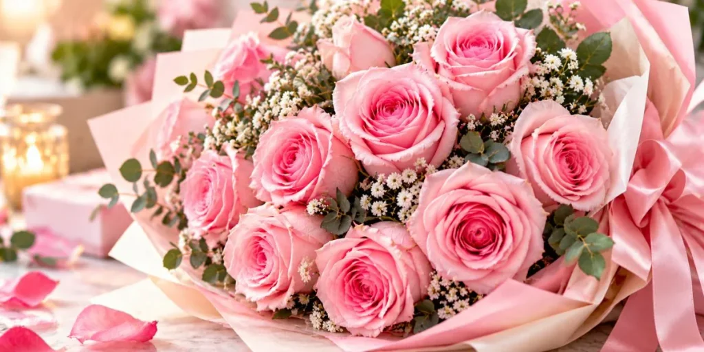Soft pink roses arranged in a bouquet for cute and aesthetic Instagram captions.