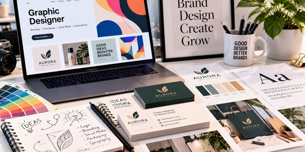 Professional graphic designer portfolio featuring brand identity, typography, and visual design samples.