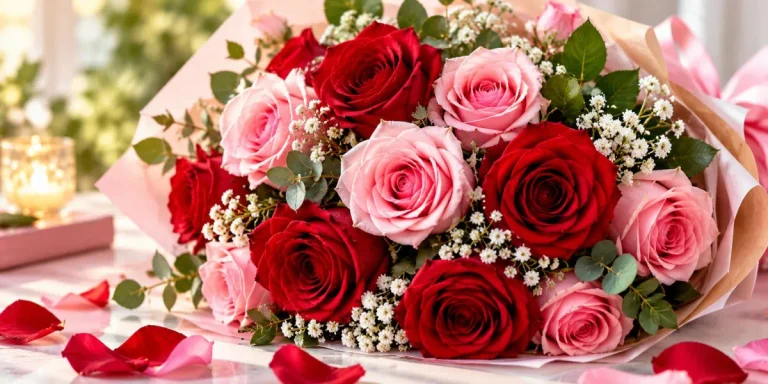 Beautiful bouquet of red and pink roses for Instagram caption inspiration.