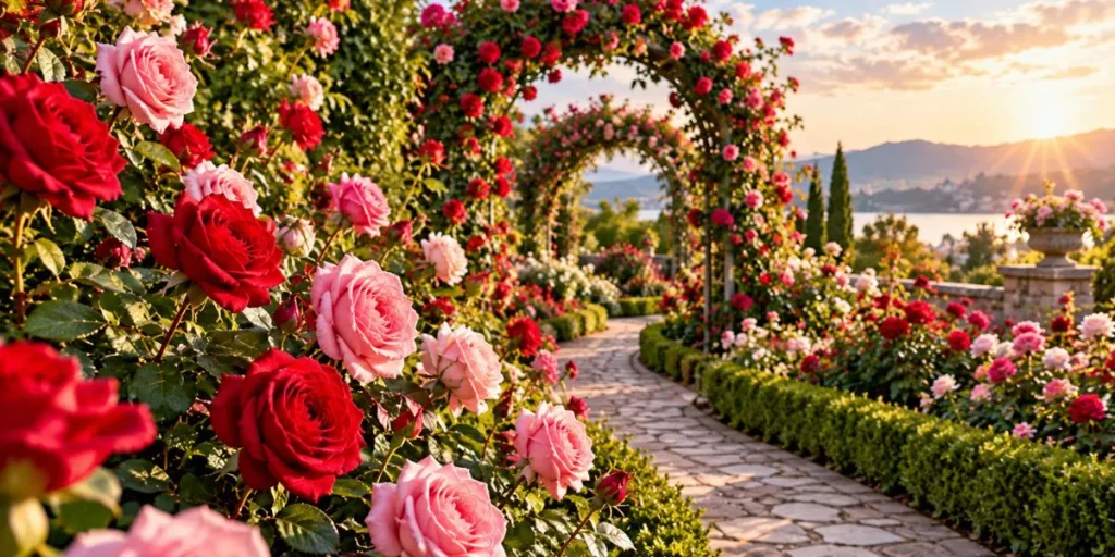 Blooming rose garden with a peaceful pathway for nature-inspired Instagram captions.