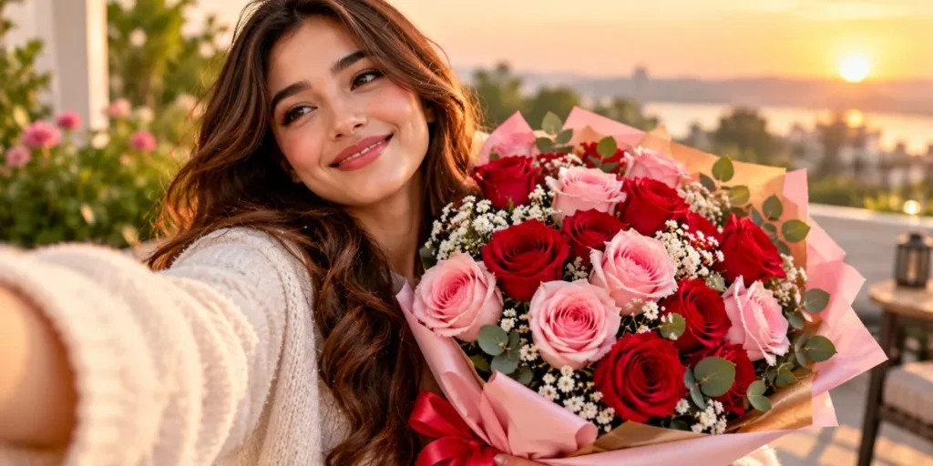 Person holding a beautiful rose bouquet for selfie and flower gift caption inspiration.