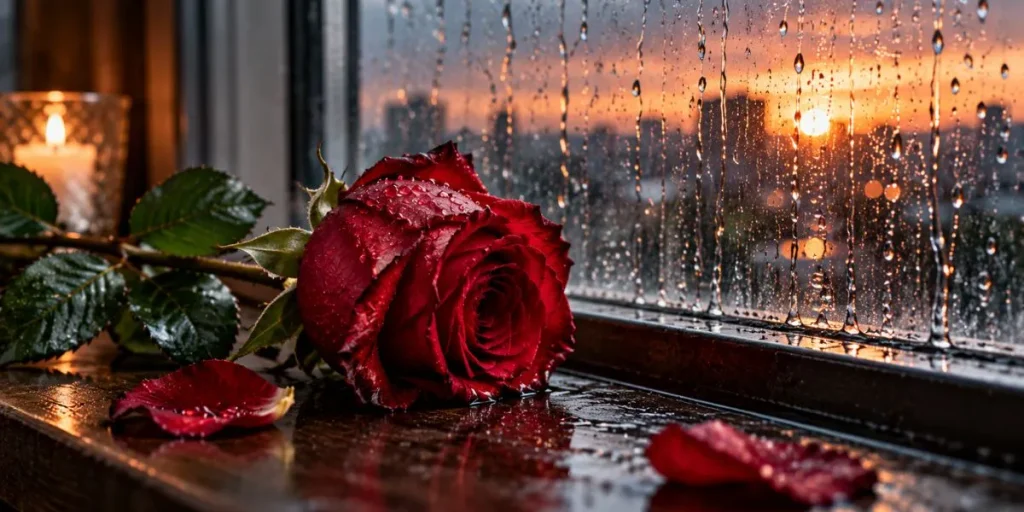 Wilted red rose beside a rain-covered window symbolizing heartbreak and sadness after betrayal.