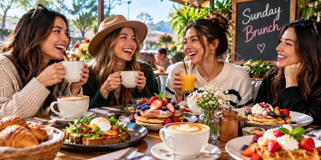 Friends enjoying Sunday brunch with coffee and pancakes at a cafe.