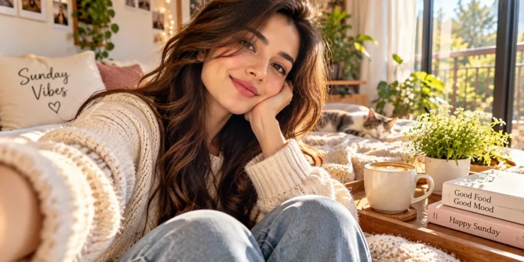Person taking a casual selfie in soft natural light on a relaxing Sunday.